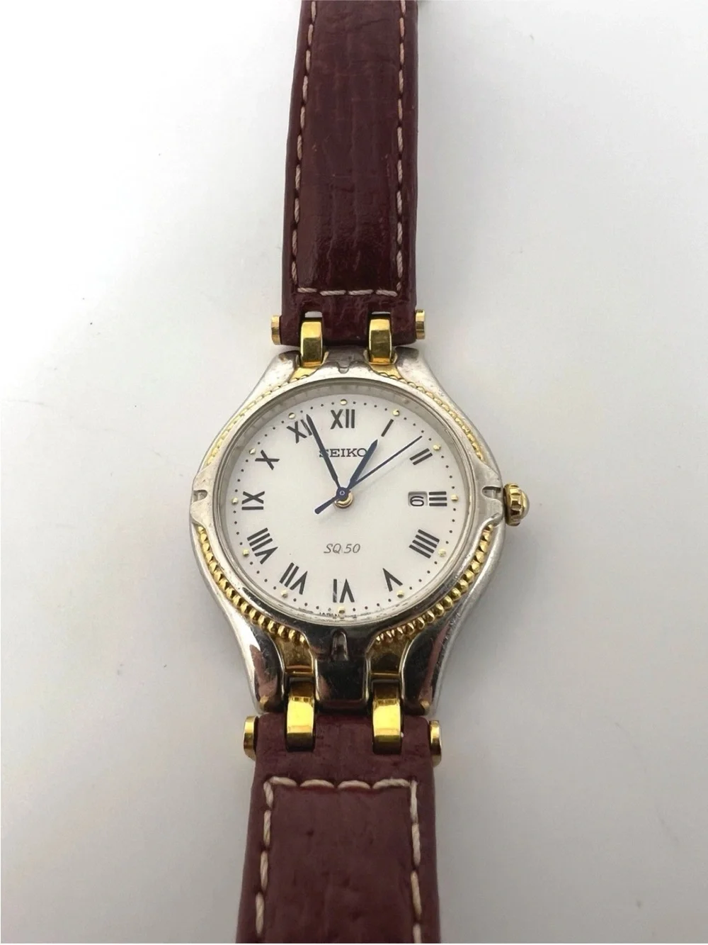 Seiko SQ50 Two-Tone Roman Dial Watch with Leather Strap 30mm
